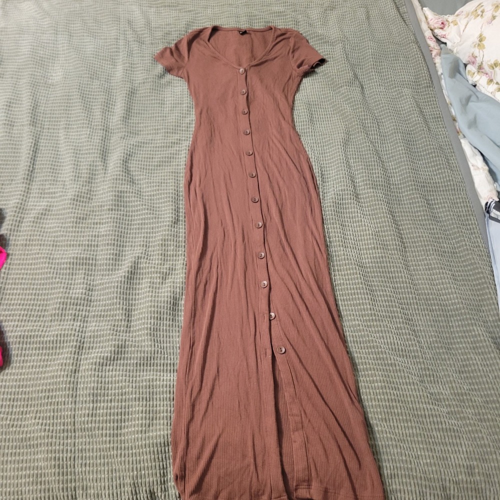 SHEIN Womens Maxi Dress S Brown Ribbed Viscose Button Front Casual Bodycon